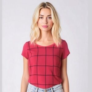 Tommy Hilfiger hot pink window pane plaid short sleeved blouse size small